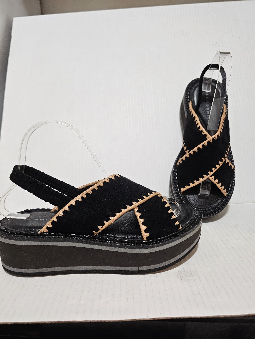 Clergerie Paris Freedom Black Suede Platform Slingback Sandals Whipstitch Sz 37